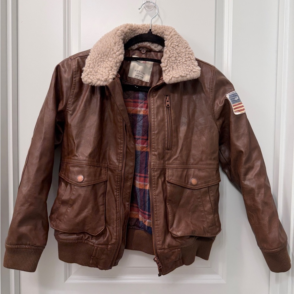 Boy’s Brown Leather Jacket with Shearling Collar